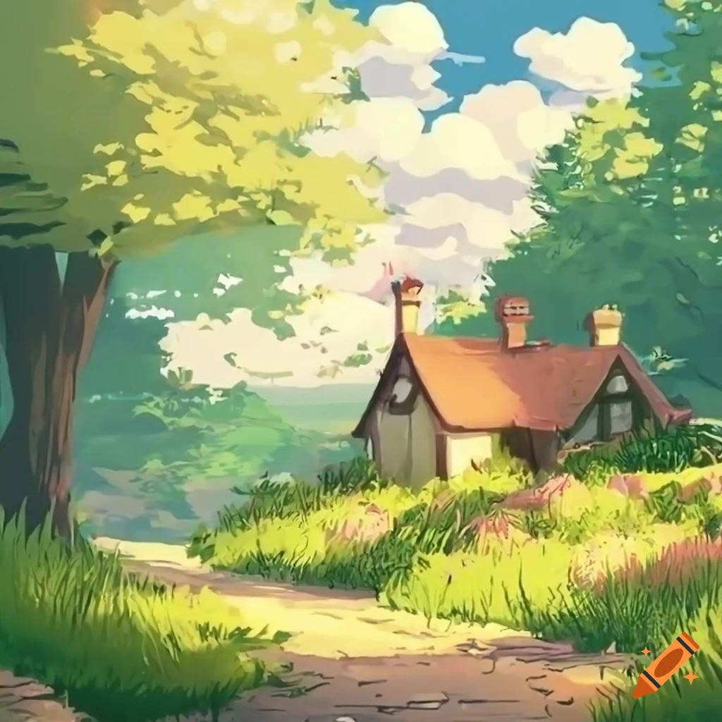 Countryside house, stone path, wild flowers, illustration, anime ...