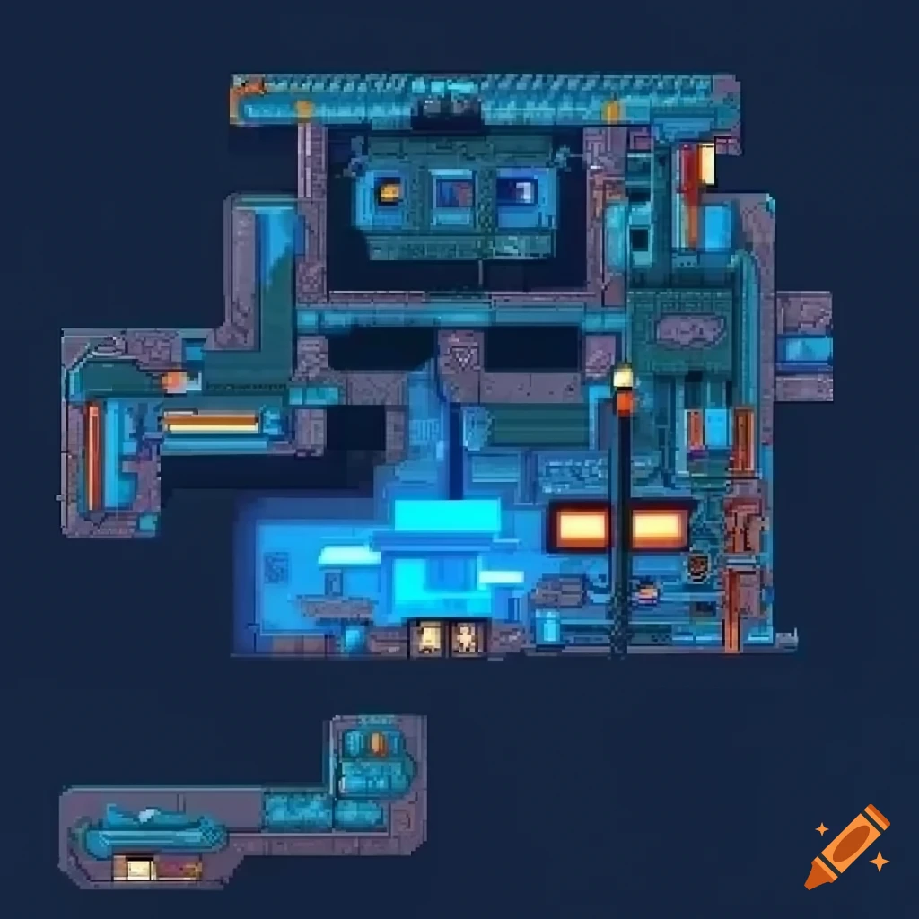 Blaster master 3, futuristic, 2d, game level layout map, city pixel art