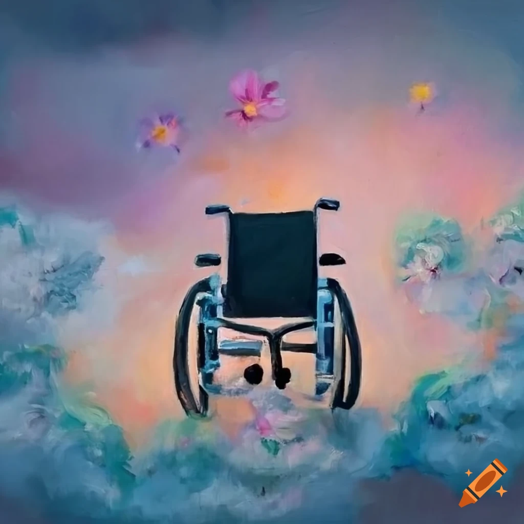 Mobility Drawing Color:green An empty wheelchair in the clouds with a little flower put on it oil ...