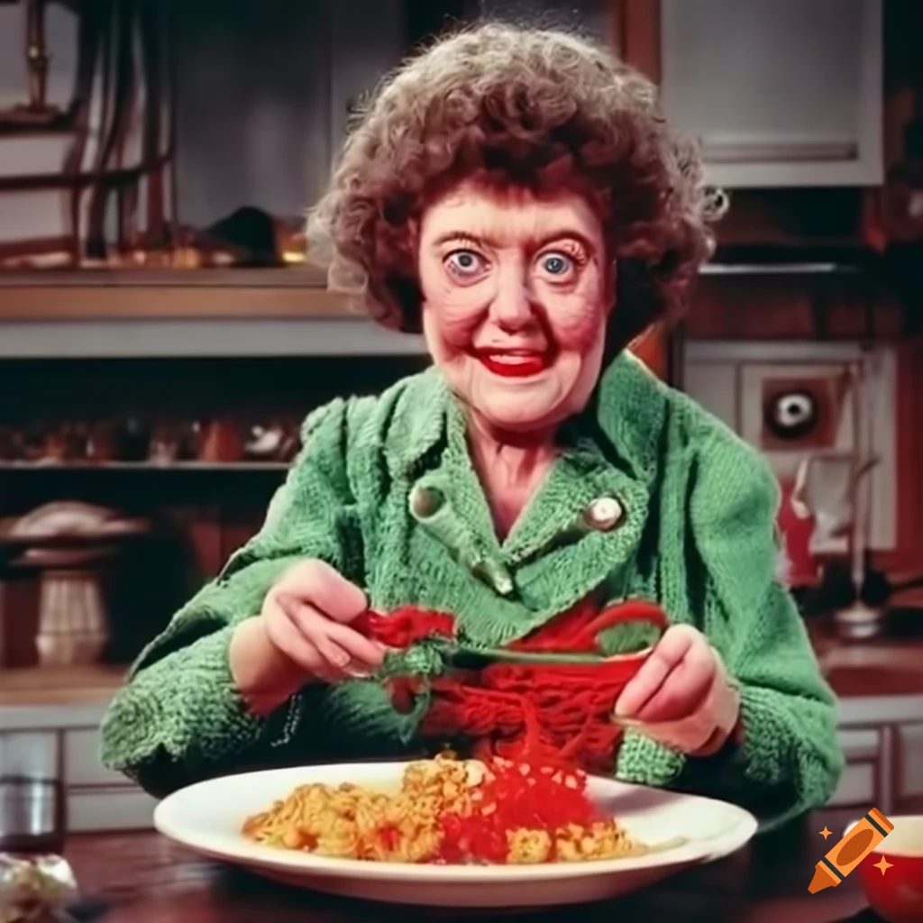 Julia child as a creepy yarn muppet in a dark kitchen on Craiyon