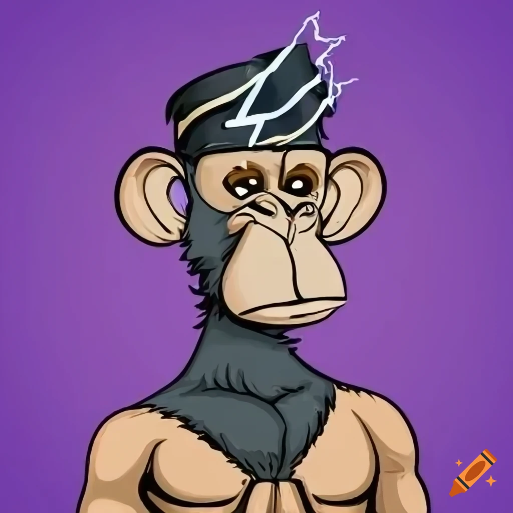 An nft bored ape style monkey in the crypto universe with a lightning bolt  on his forehead or body style monk on Craiyon