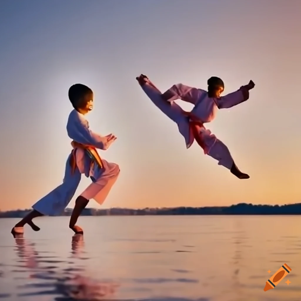 Kids doing karate on the shore of a lake on craiyon