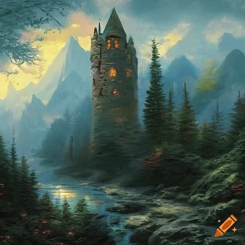 painting of a mysterious wizards tower surrounded by mountains