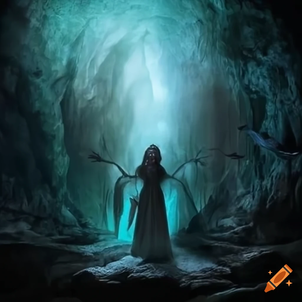 A witch surrounded by bats in a mysterious cave on Craiyon