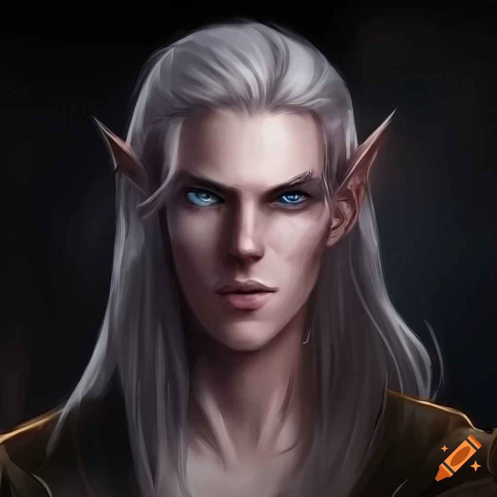 Man high elf long hair pale skin big blue eyes fantasy style 8d
