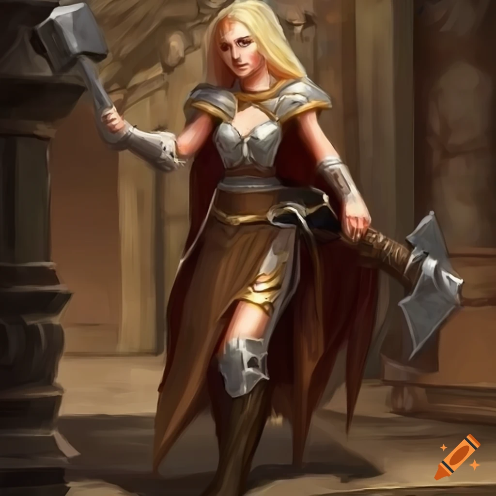 Fantasy art style, an attractive, beautiful blonde elf cleric wields a ...