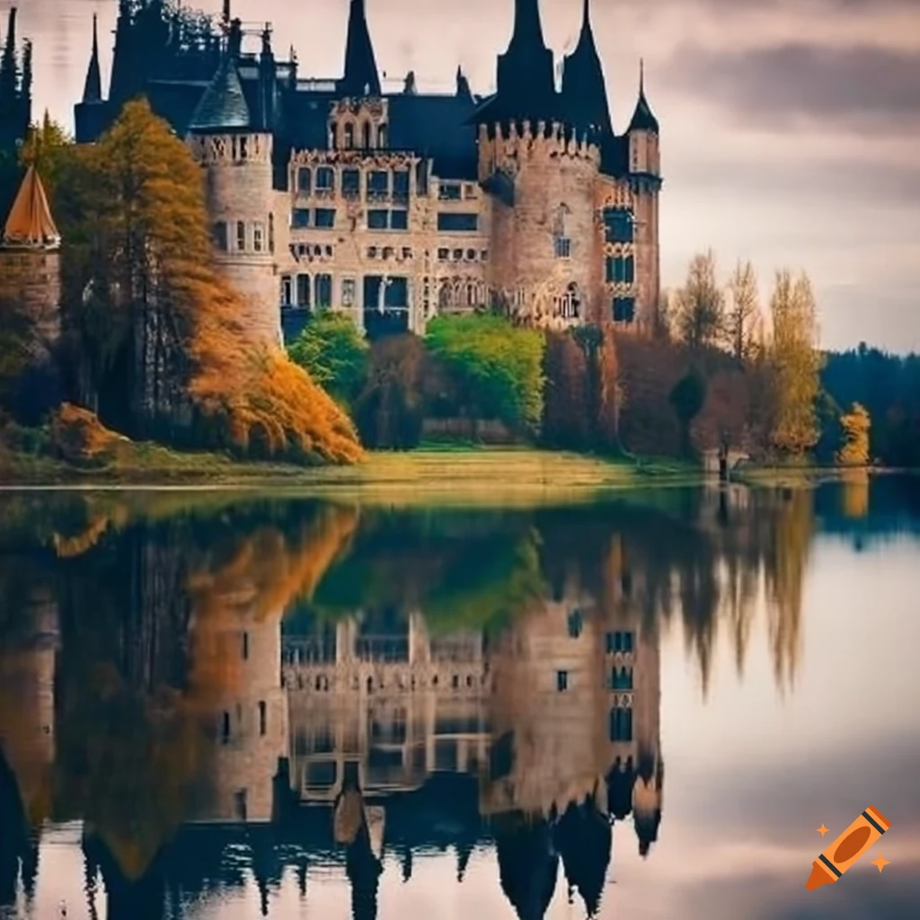 A majestic castle reflected in a serene lake on Craiyon