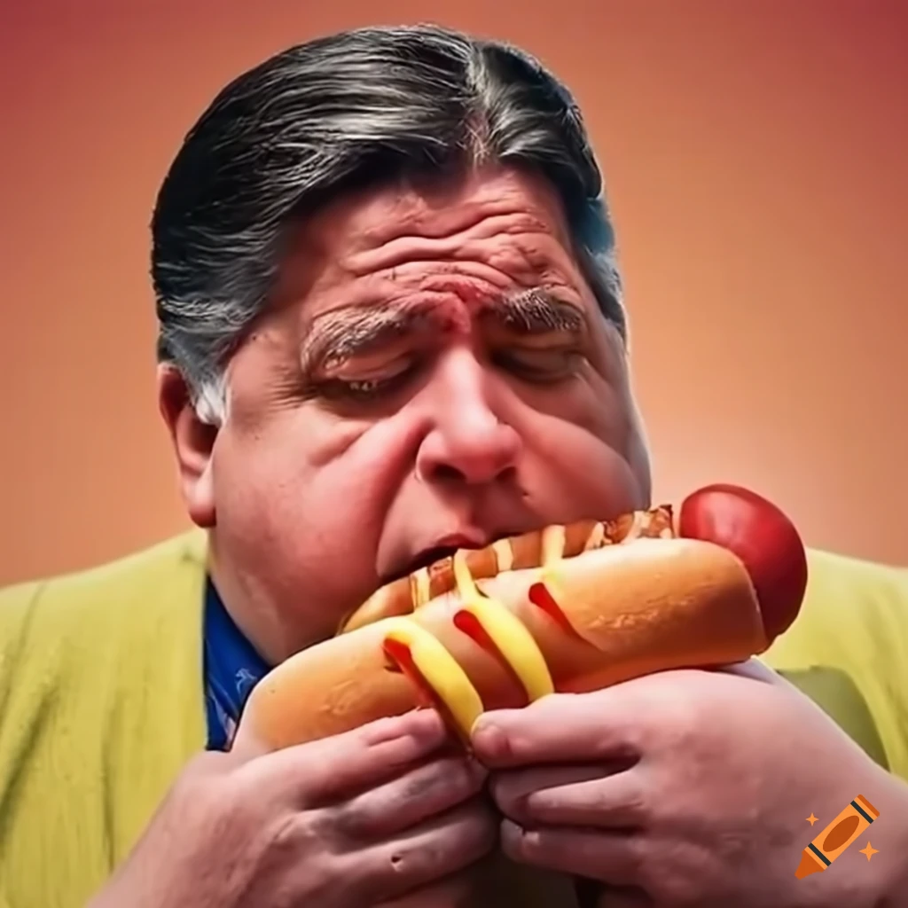 Illinois Governor JB Pritzker obese eating hotdogs on a scale on Craiyon