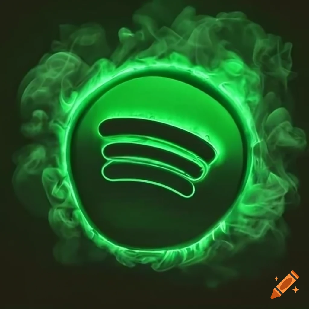 Spotify logo with green smoke in the background with drake sitting on the  logo and green fireworks in the background on Craiyon