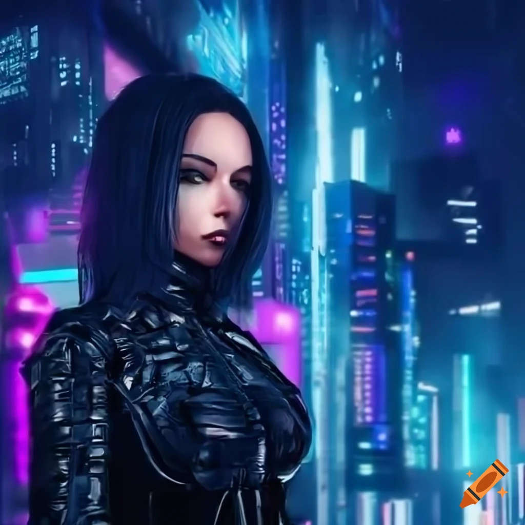Woman, confident in futuristic city, cyberpunk style on Craiyon