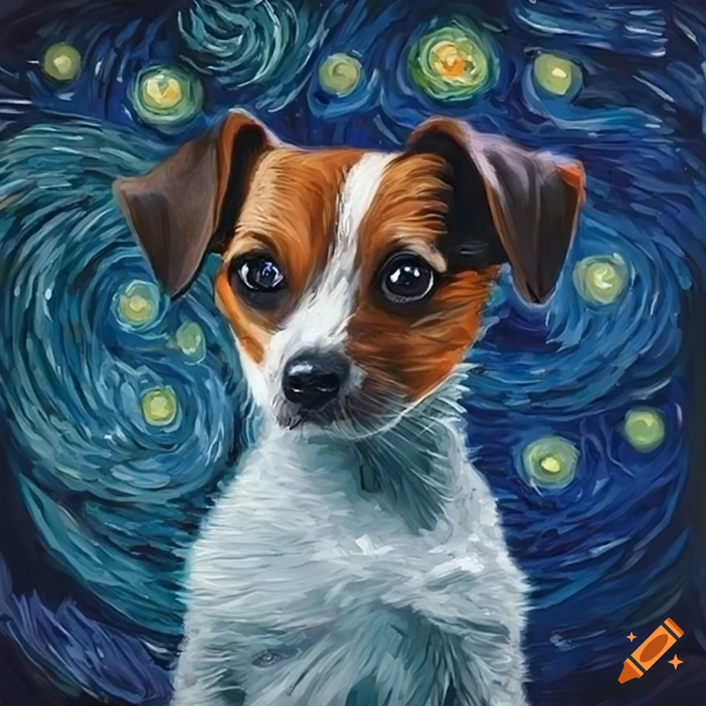 Hyper detailed painting of a jack russell terrier puppy in starry night