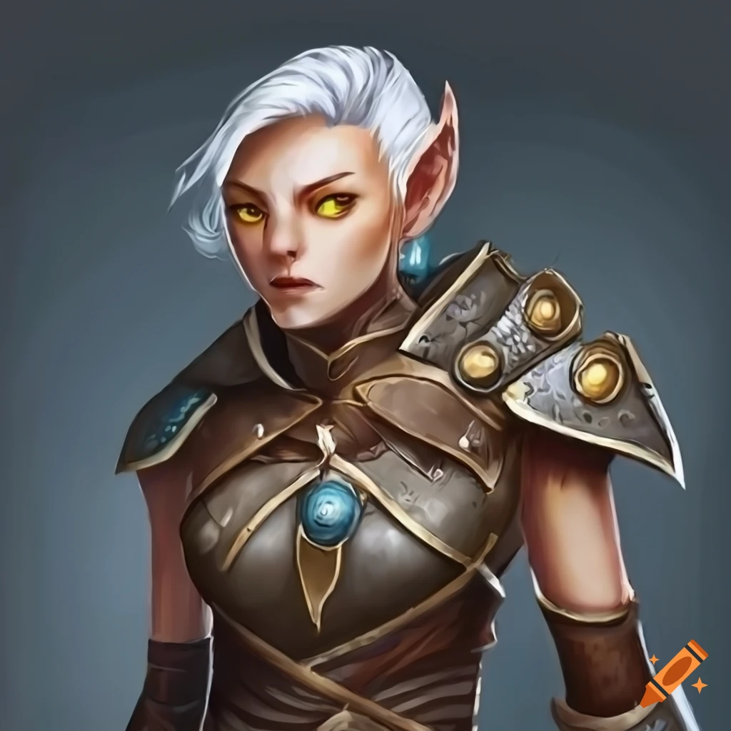 Yellow eyes half elf hunter with short white wispy hair in leather ...