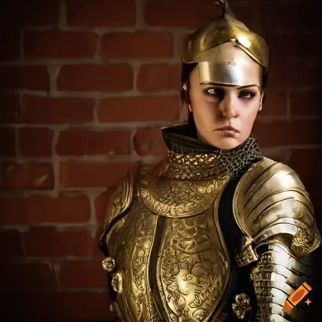 A woman wearing ornate brass armor, realistic on Craiyon