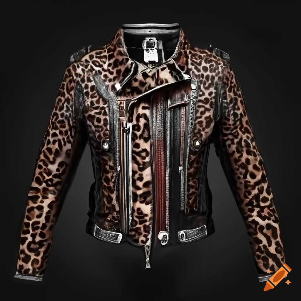 Leather jacket with leopard-print trim, punk leather jacket, (black  background, plain black background, matt black background), with realistic  shading on Craiyon