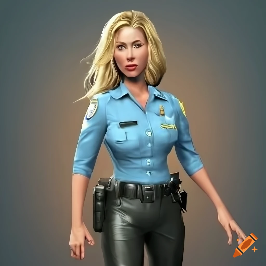 Photorealistic Christina Applegate As Policeofficer Slim Blonde Hair Lightblue Police Shirt 