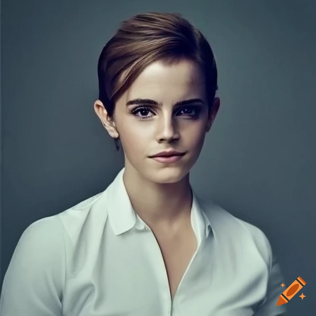 Emma Watson wearing a white uniform shirt posing for a stylish photoshoot