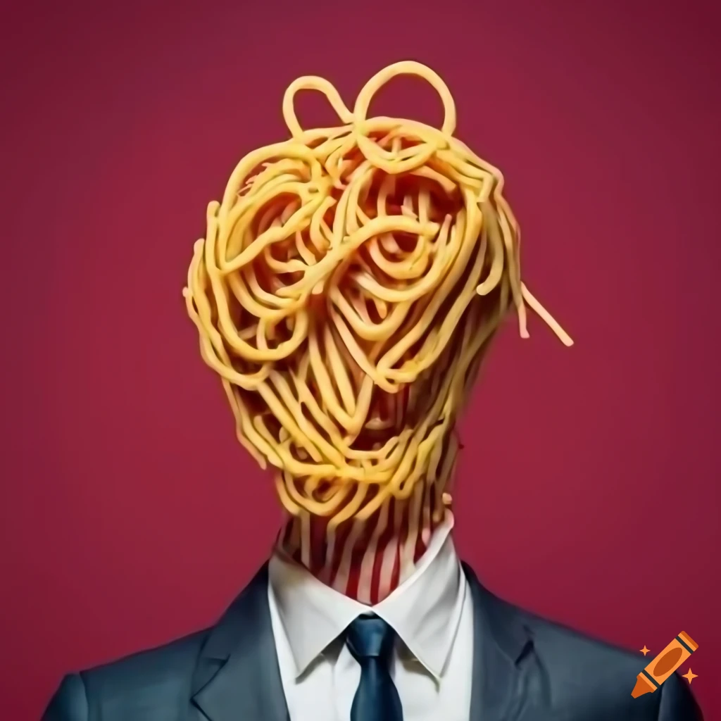 A man with a head made out of spaghetti wearing a business suit, red background