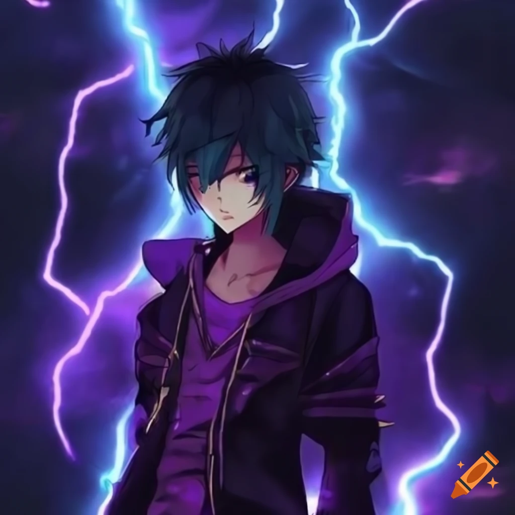 Midnight lightning cyan hair green eyes dark purple adventure clothes  damaged anime boy outfit