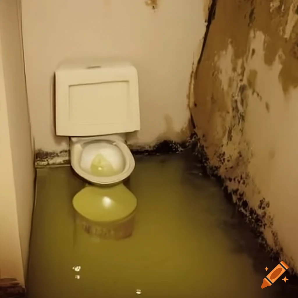 A flooded moldy basement with a toilet