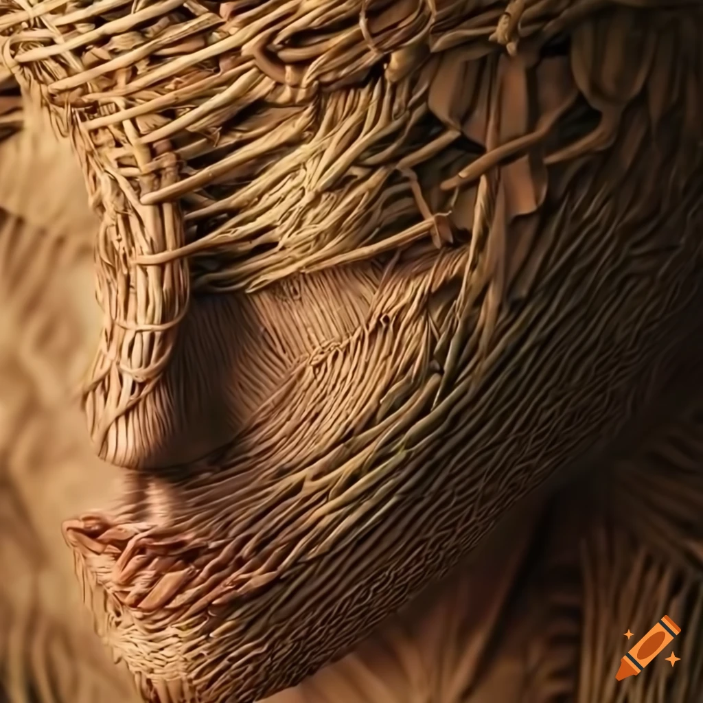 An intricate, highly detailed, beautiful basket style woven sculpture of a  shapely tree woman, hyper photorealistic, uhd, intricate, hyper detailed  sculpture on Craiyon