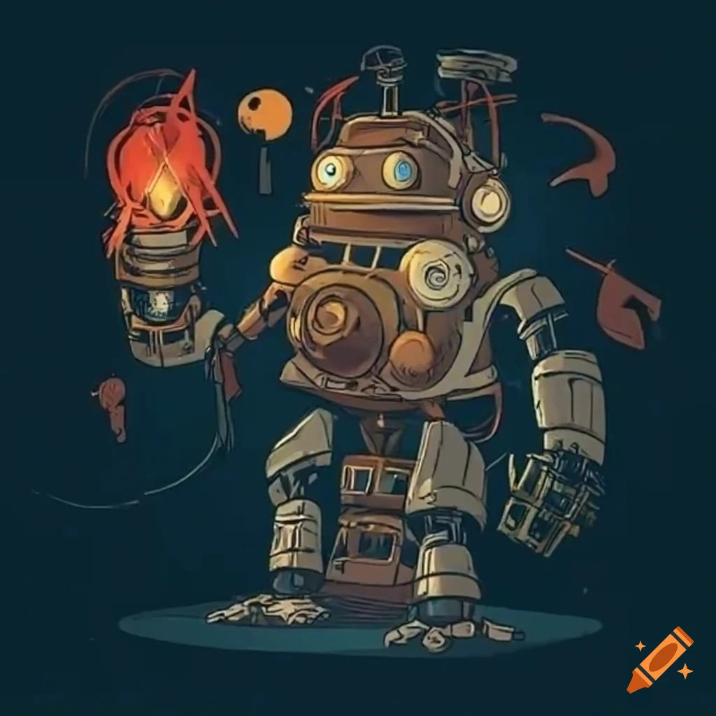 A steampunk robot with claws and pistons that is clearing rubbish in a
