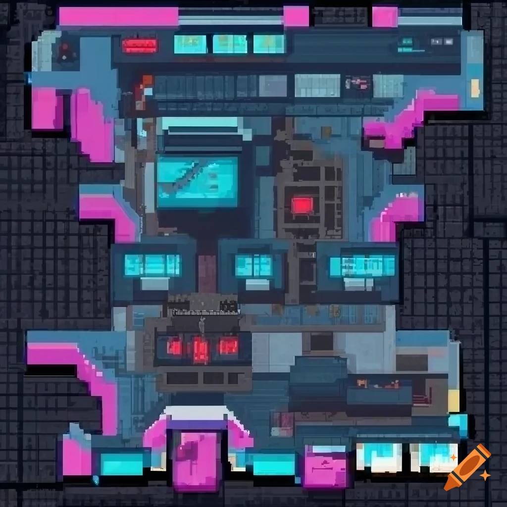 Blaster master 3, cyberpunk, 2d, game level layout map, city pixel art