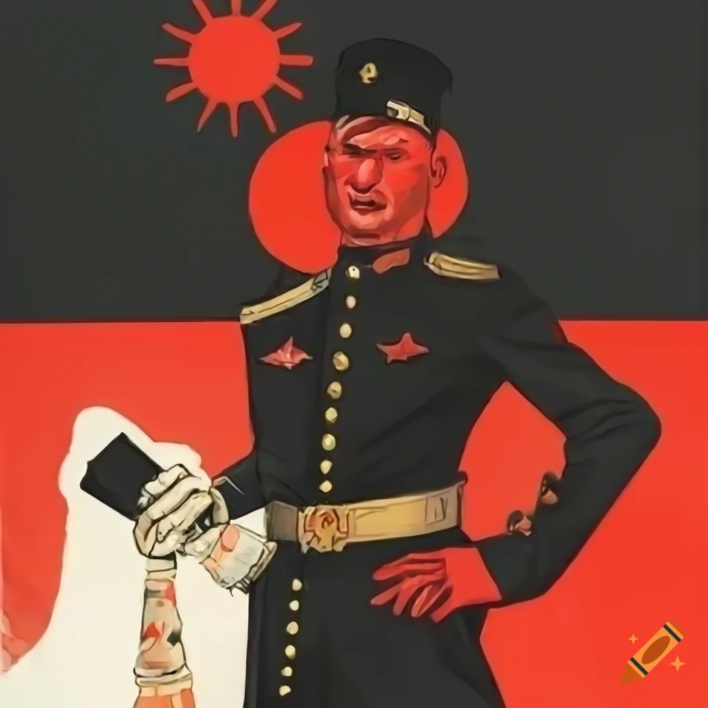 Propaganda poster pale-white-skinned, red-long-haired and red-eyed sci ...