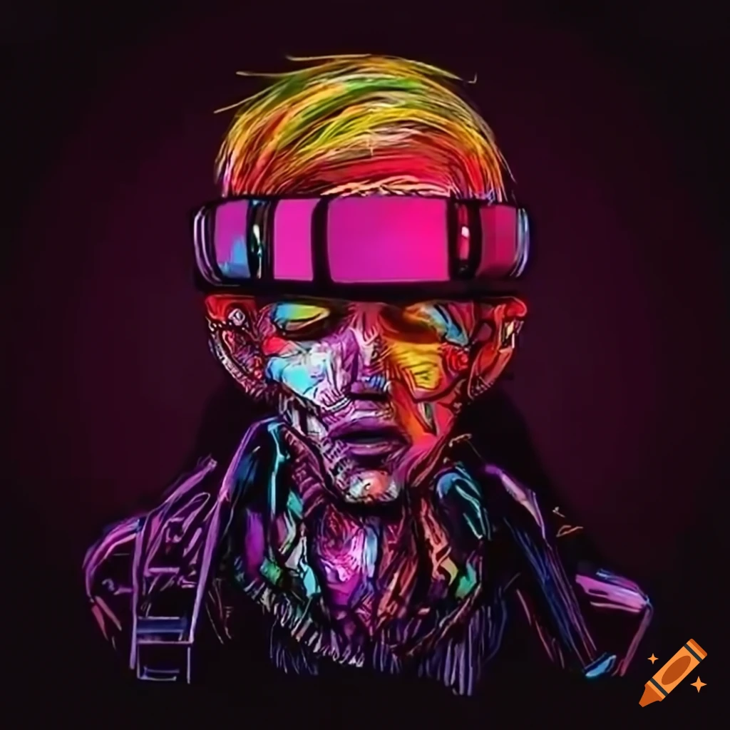 An intense cyberpunk character lost in a dystopian virtual reality on