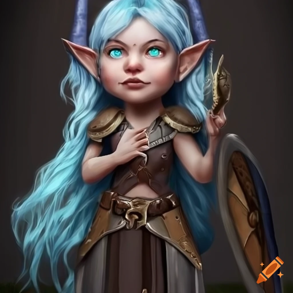 Friendly little gnome priestess, big shield, mystical hat,