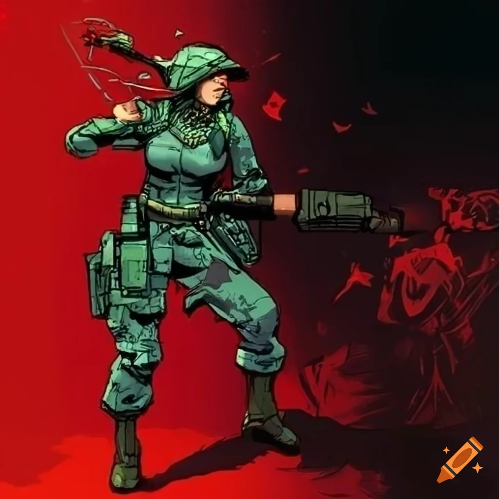 Comic book splash page of a female, soldier carrying a laser rifle on ...