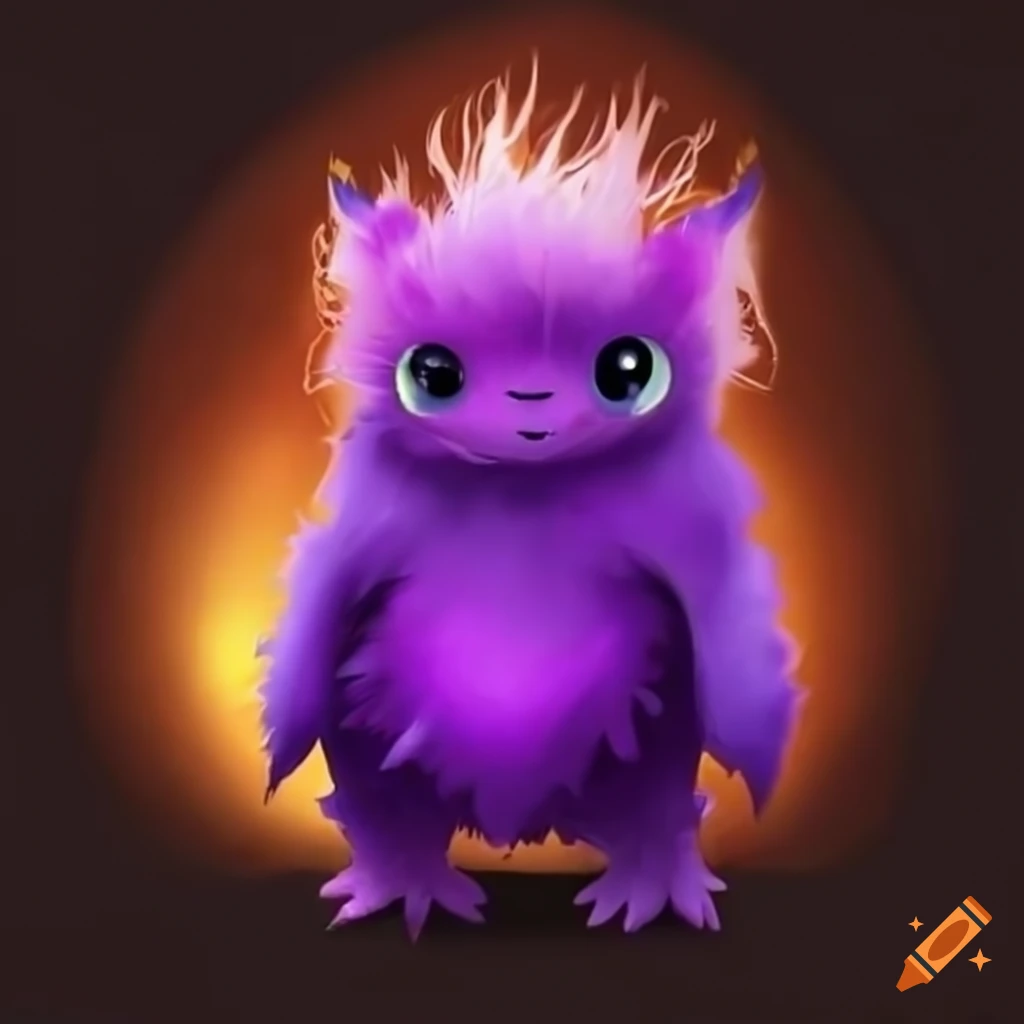 A cute fluffy purple creature with a fireball tail