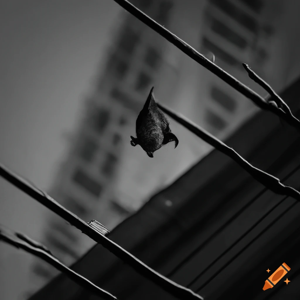 LITTLE BROWN BAT WATCHING A JAPANESE MODEL WALK DOWN THE STREETS IN nEW  yORK cITY FROM ABOVE AT THEIR ROOST, GRAYSCALE on Craiyon