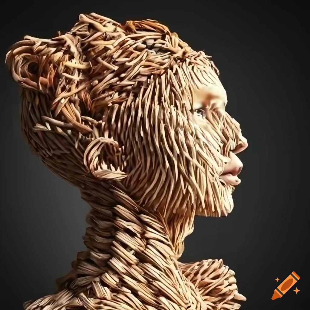 An intricate, highly detailed, beautiful basket style woven sculpture of a  shapely tree woman, hyper photorealistic, uhd, intricate, hyper detailed  sculpture on Craiyon