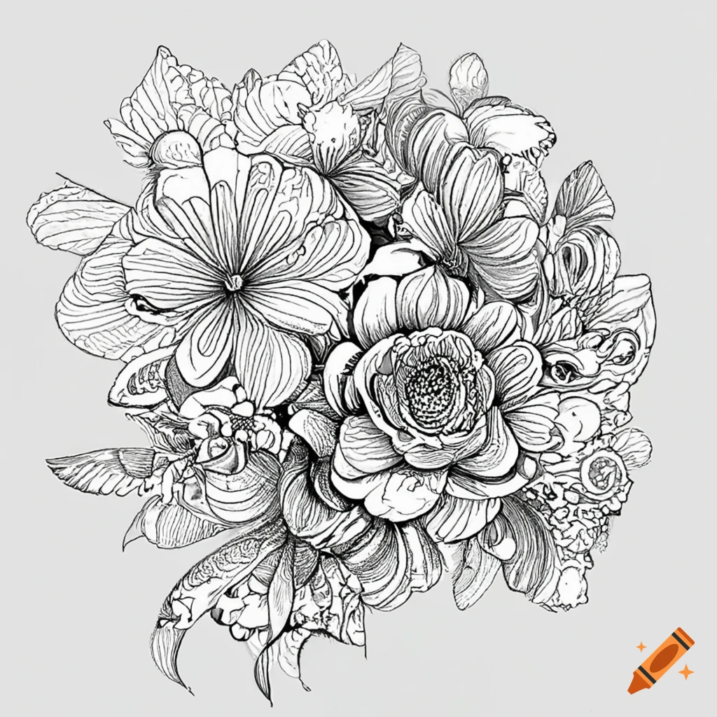 Coloring book for adult, simple image, flowers, white and black on Craiyon