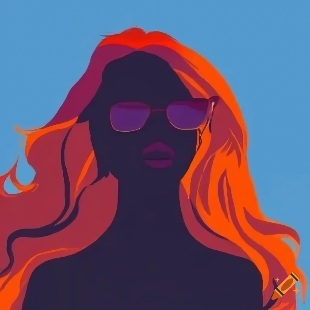 Twotone illustration, long wavy haired woman, light skin, black