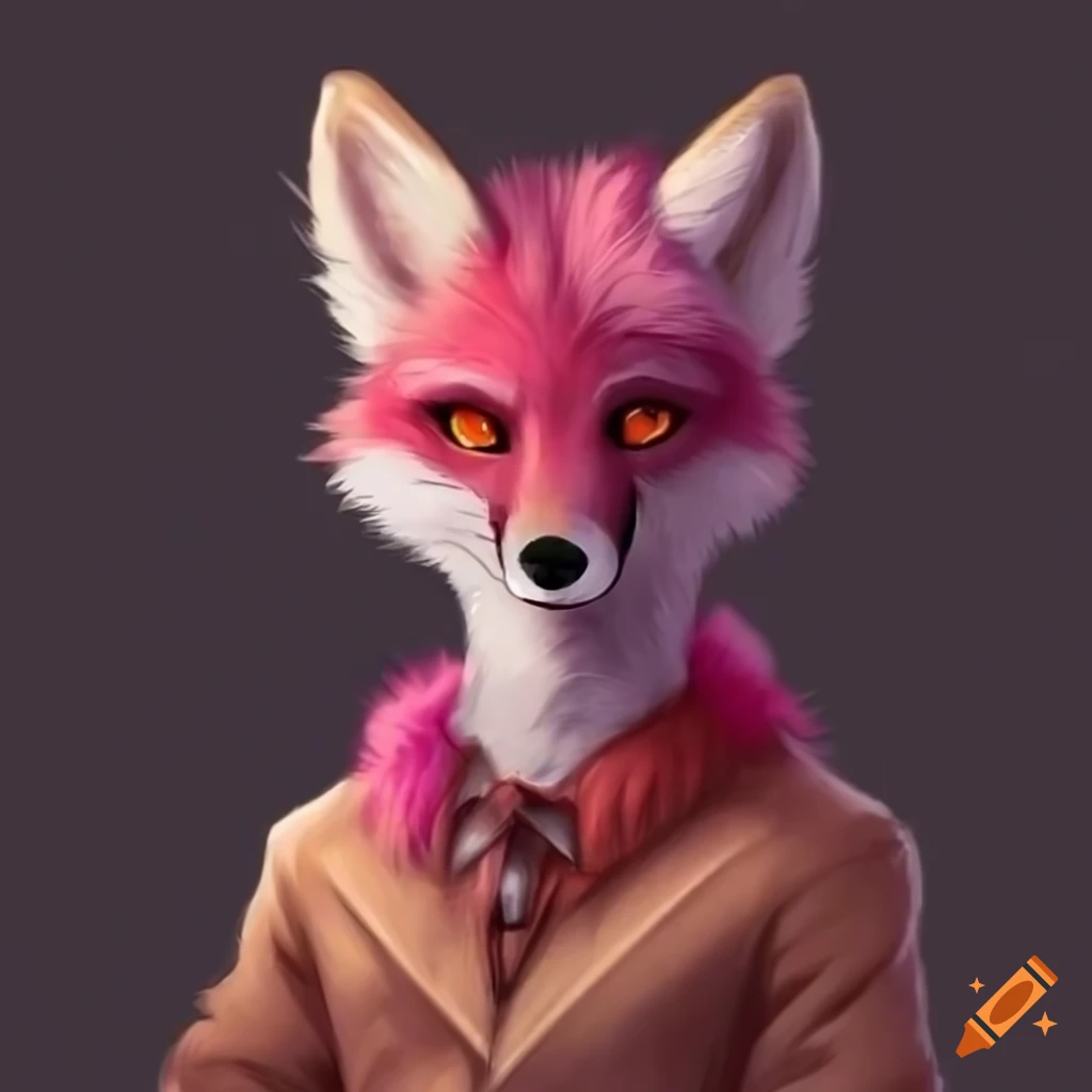 an elegant male anthro fox with pink fur and captivating crimson eyes