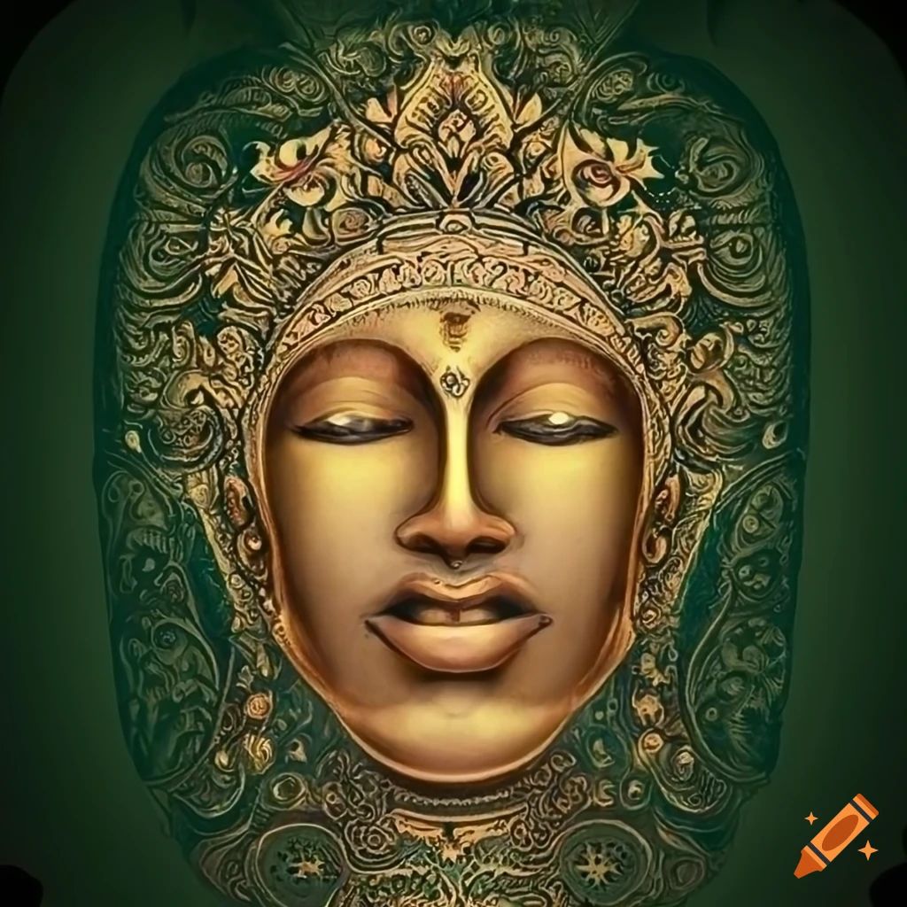 Goddess face, temple, walls engraved with zentangle pattern