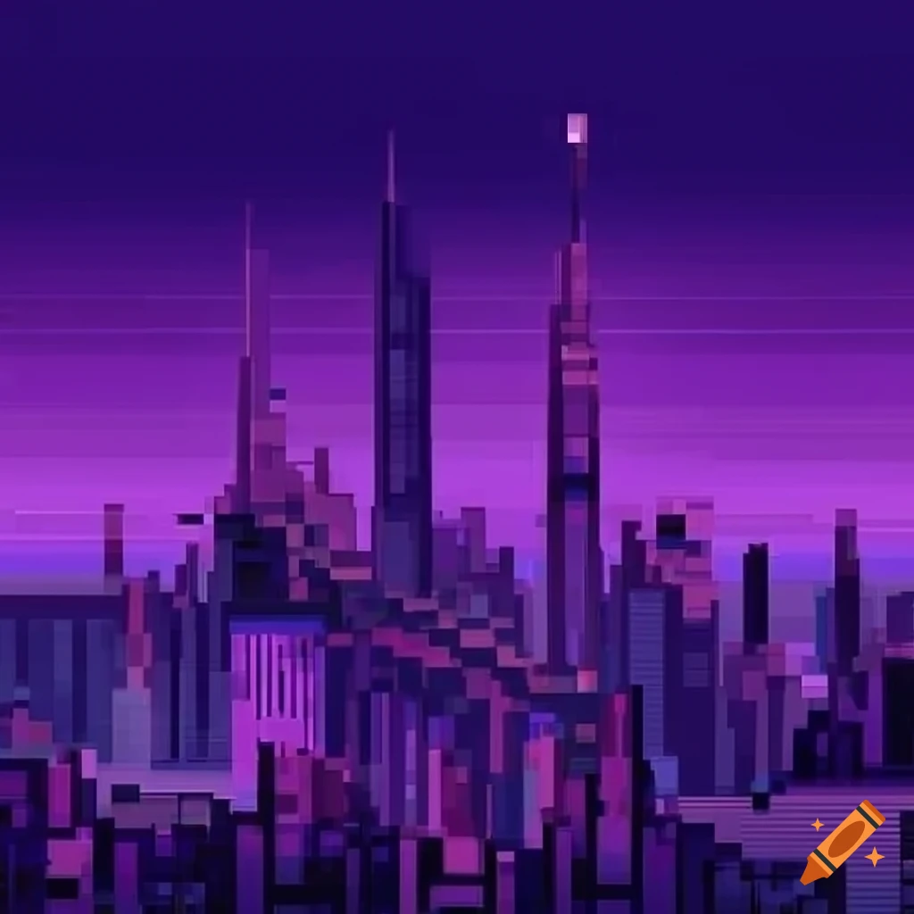 Pixel art of futuristic asian purple big city