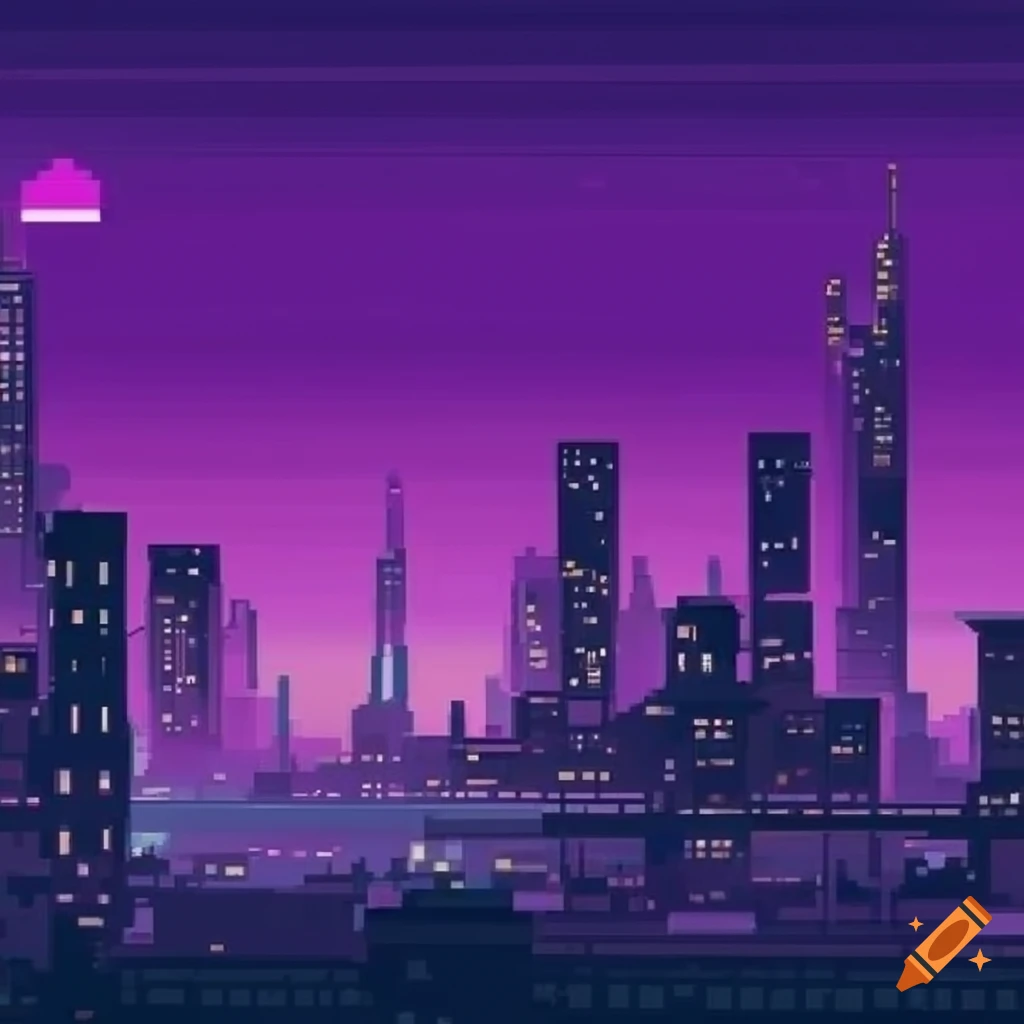 Pixel art of a futuristic purple asian cityscape at night