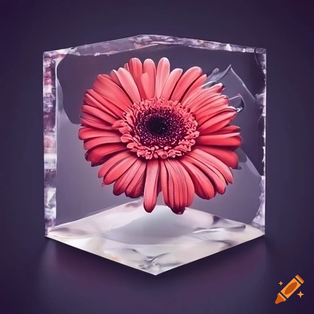 Logo white back gerbera in resin cube