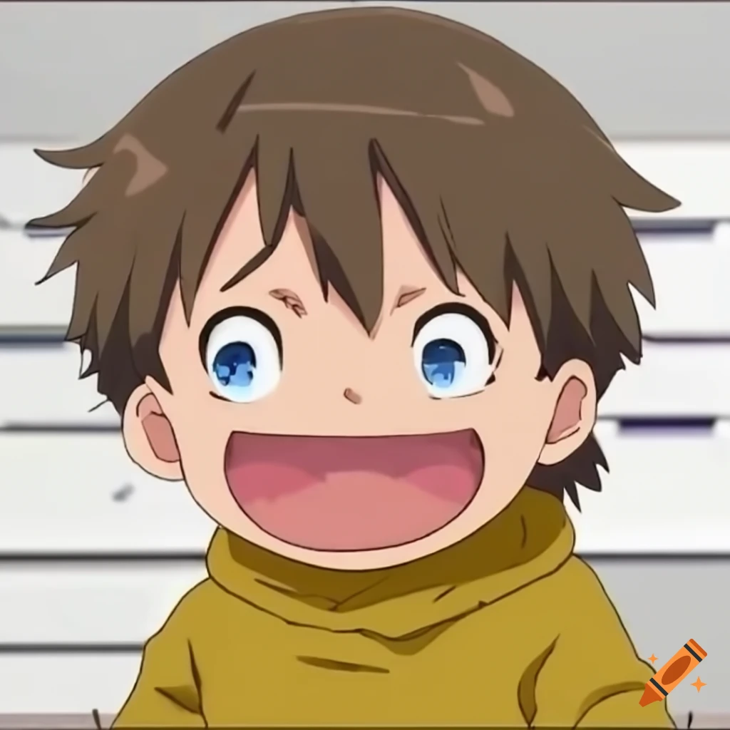 an anime character child smiling unregulary