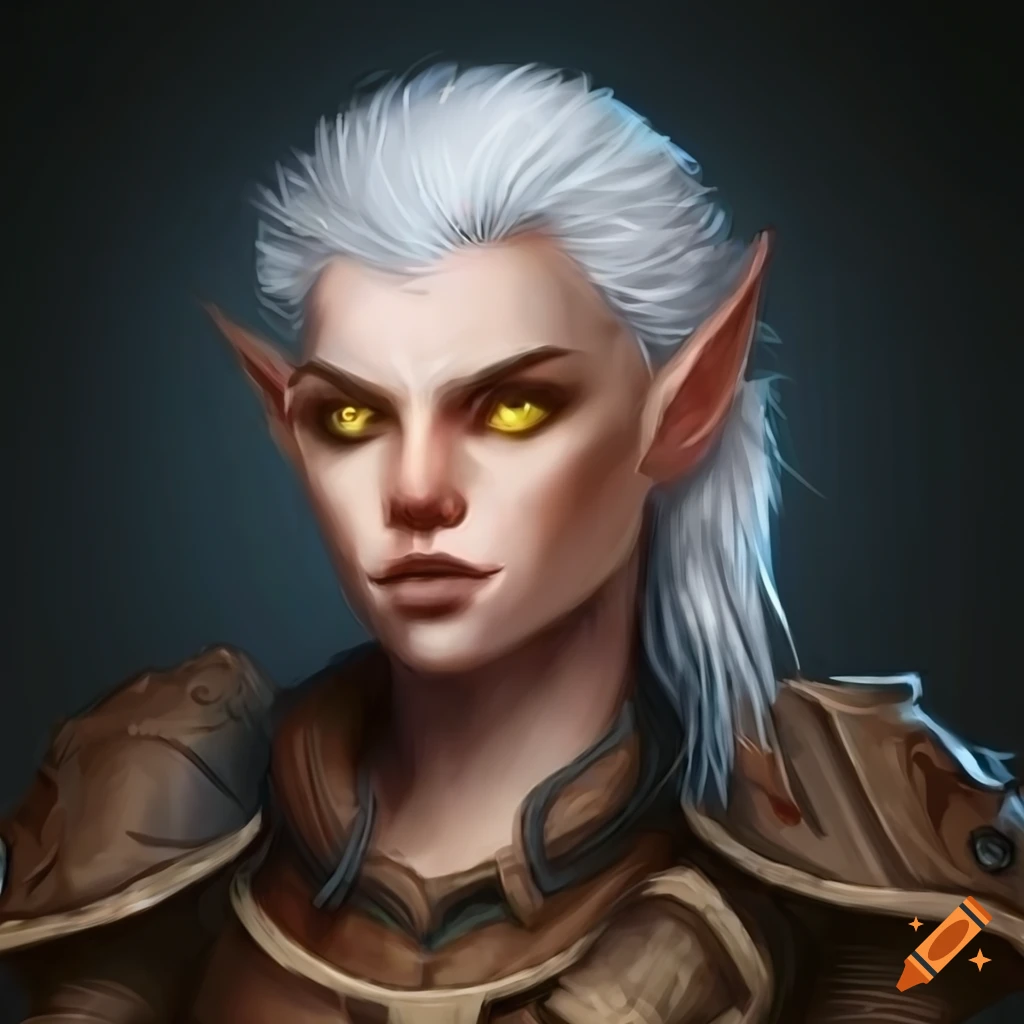 yellow eyes half elf hunter with short white wispy hair in leather armor and brown-blue skin