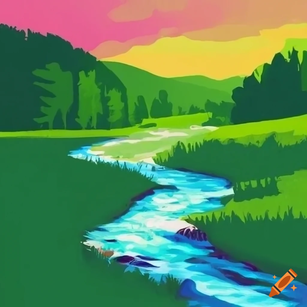 Child's drawing landscape river. Drawing of nature.Landscape with trees and  river child drawing felt-tip pen of summertime natural scene Stock Photo -  Alamy