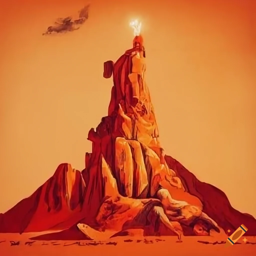 vintage-poster-of-an-alter-atop-a-mountain-being-blasted-with-a-column