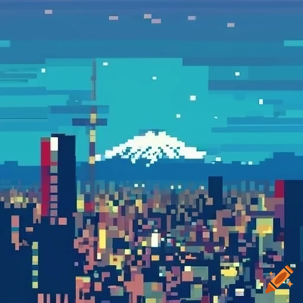 Pixel art tokyo with fuji mountain in the background on Craiyon