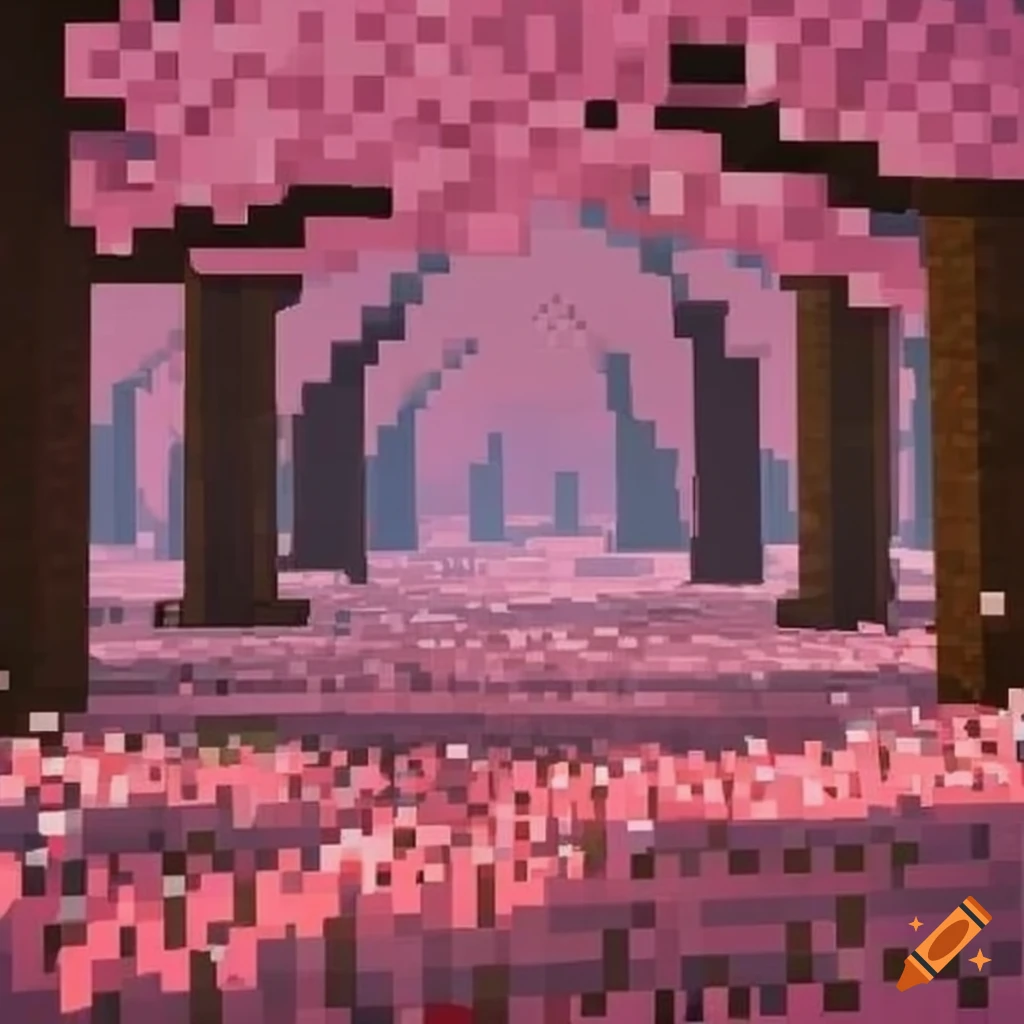 A serene minecraft landscape with cherry blossom trees and pink leaves on Craiyon