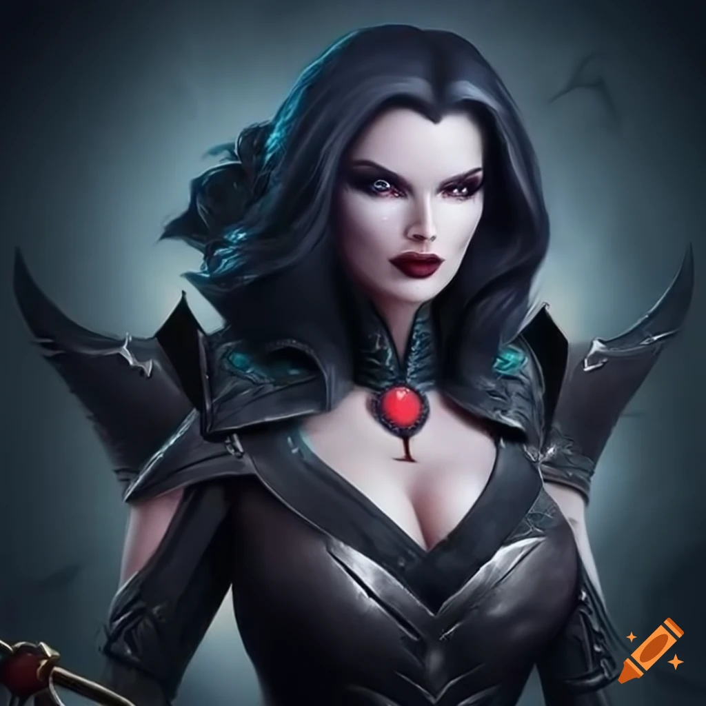 Powerful villain sorceress, dark, evilyn, scary, all powerful, very  beautiful and seductive , fiery eyes, staff, dark armour and head crest,  fiery apocalyptic background. powerfully built, lots of eyeliner, curvy,  busty, doe