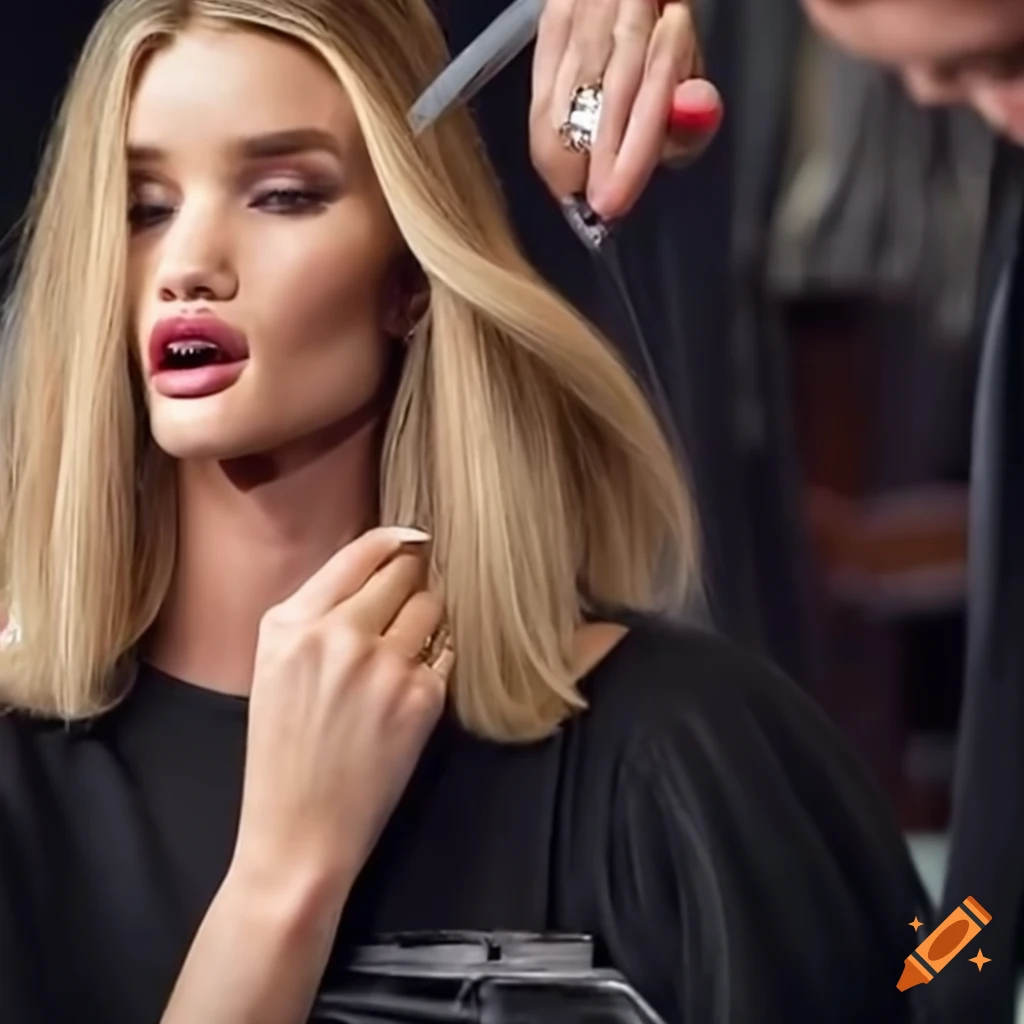 Rosie Huntington-Whiteley getting a haircut backstage at a beauty show