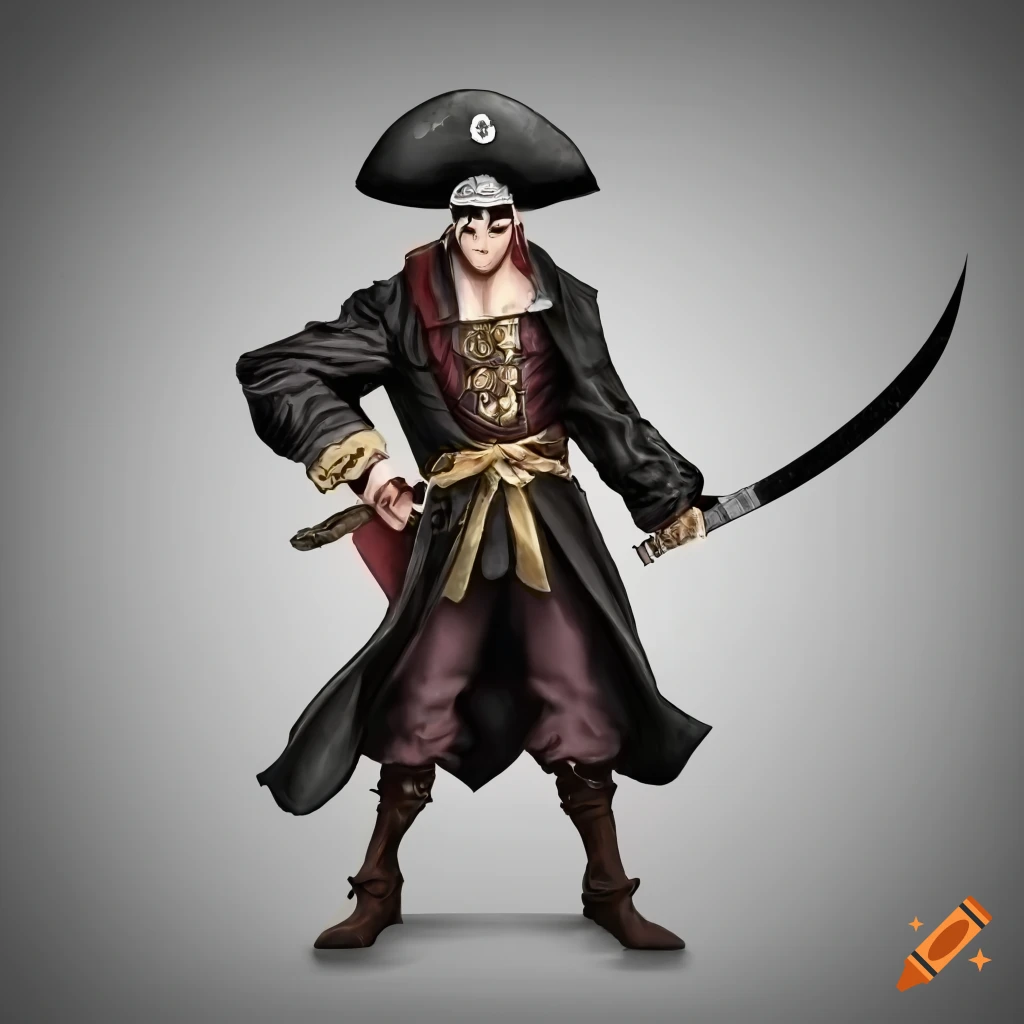 Pirate captain with a mean face standing tall ready to attack with