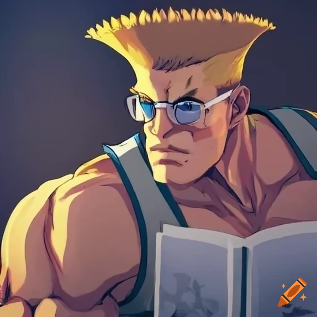 Guile from street fighter reading by a fireplace while wearing glasses